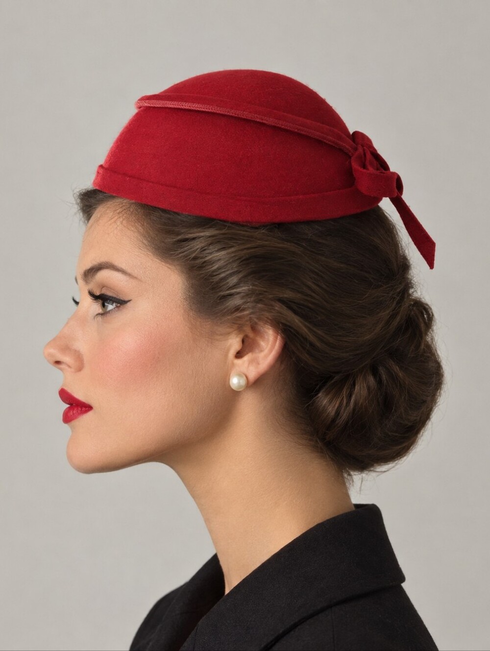 VTG Glenover Henry Pollak NY Red Wool Felt Pillbox Hat Side Bow Mid Century